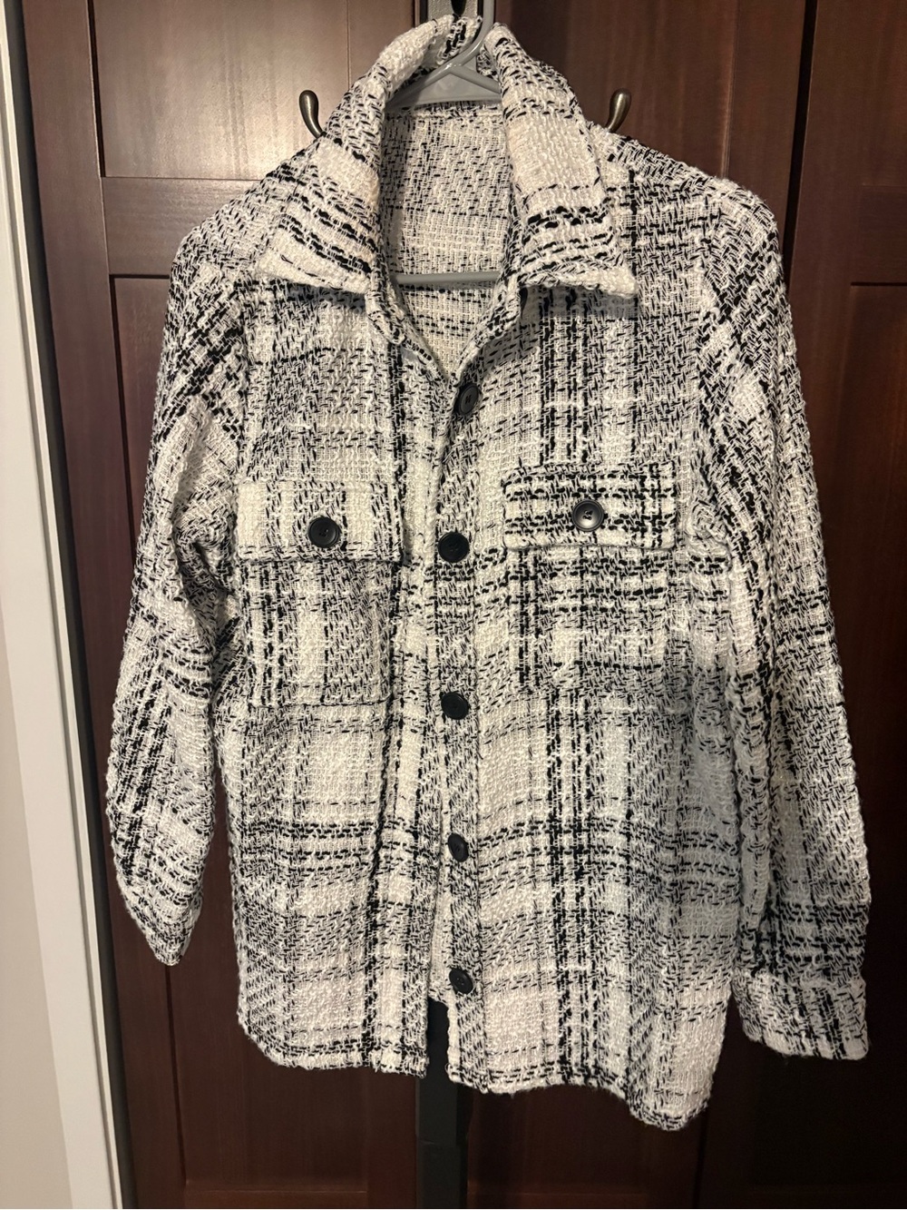 Textured Black and White Plaid Button-Up Shacket